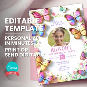 Invitation photo d'anniversaire papillon, champ de fleurs sauvages arc-en-ciel, modèle numérique modifiable à tout âge, téléchargement immédiat, invitation anniversaire imprimable