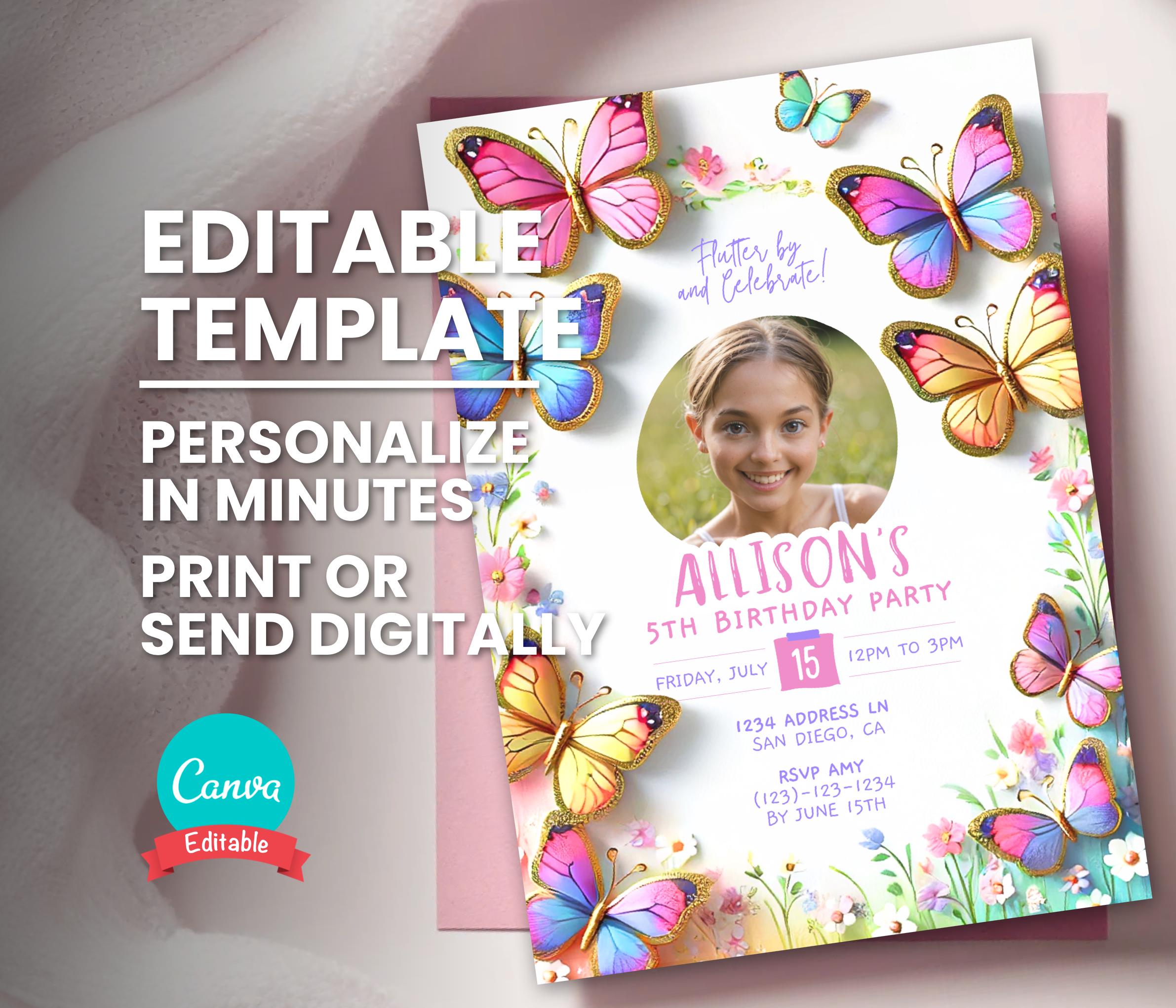 Butterfly Birthday Photo Invitation, Rainbow Wildflower Field, Any Age  Editable Digital Template, Instant Download, Printable Bday Invite - Etsy, image size:2382x2043