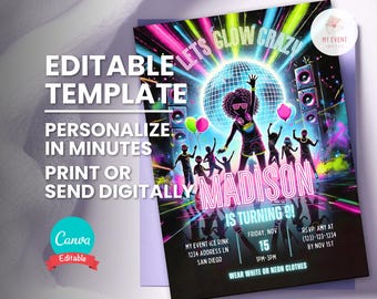Skate Birthday Invitation, Lets Glow Party Invite, Editable Template, Instant Download