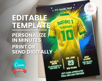 Soccer Birthday Invitation Boy, Yellow Jersey Sports Party Invite, Editable Canva Template, Custom Name Age Number, Digital Download
