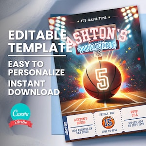 Basketball-Geburtstagseinladung, Geburtstag für jedes Alter, Basketball-Player-Geburtstagsfeier, bearbeitbare digitale Vorlage, Mobile Evite, Sofort-Download