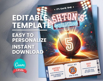 May include: Editable basketball-themed birthday party invitation template featuring a basketball and a basketball hoop. The text on the invitation reads "It's Game Time" and "Ashton's Turning 5". The invitation also includes the date, time, and location of the party.