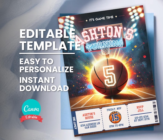 Basketball Birthday Invitation, Any Age Bday, Basketball Player Birthday Party, Editable Digital Template, Mobile Evite, Instant Download