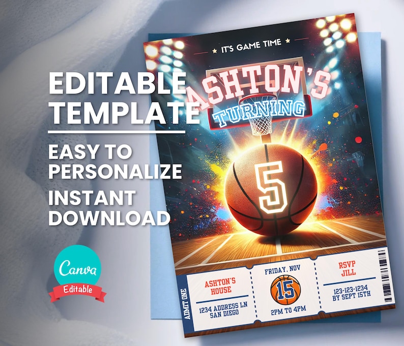 Puede incluir: Plantilla de invitaci&oacute;n de fiesta de cumplea&ntilde;os editable con tem&aacute;tica de baloncesto con un bal&oacute;n de baloncesto y un aro de baloncesto. El texto de la invitaci&oacute;n dice "It's Game Time" y "Ashton's Turning 5". La invitaci&oacute;n tambi&eacute;n incluye la fecha, la hora y el lugar de la fiesta.