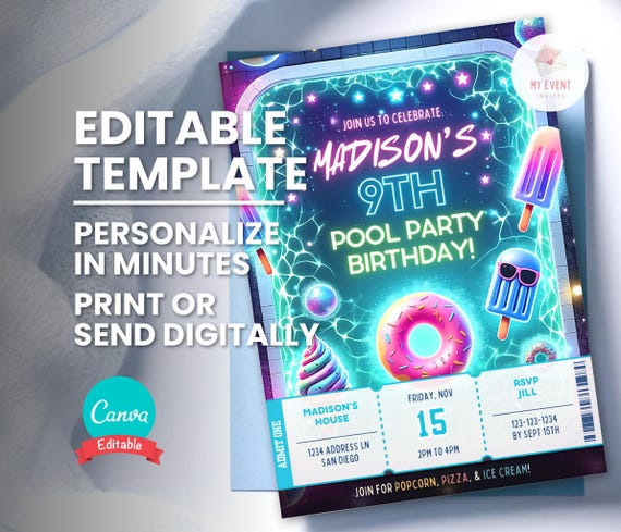 12 Biglietti D'invito Per Festa Di Compleanno A Tema Piscina - Formato A6 (10,5x14,8 Cm), Cartoncino 300g/m² Con Vernice UV, Retro Compilabile - Prodotto In Germania