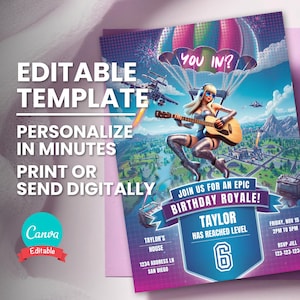 Convite de aniversário de menina gamer, convite para festa de aniversário de músico, modelo editável, convite de telefone digital, cartão de aniversário para impressão, download instantâneo