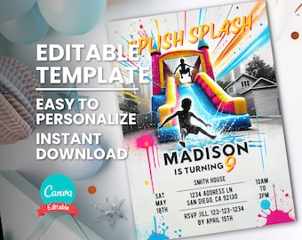 May include: A party invitation with a colorful splash theme. The design features a bouncy castle with children playing, the text "Splash Splash", and details for Madison's 9th birthday party. The invitation is an editable template and available for instant download.