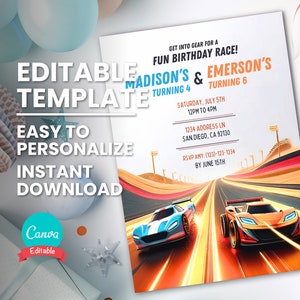 Gemeinsame Racing Party Einladung für gemeinsamen Geburtstag oder Doppel-Geburtstags-Rennauto-Party, Bruder oder Geschwister einladen, bearbeitbare digitale Vorlage