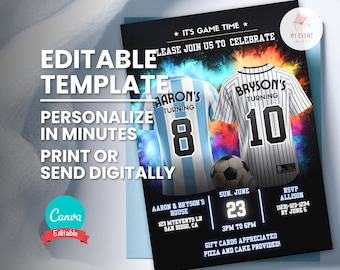 Soccer Baseball Joint Birthday Invitation, Any Age Editable Jersey, Double Bday Party, Digital Template