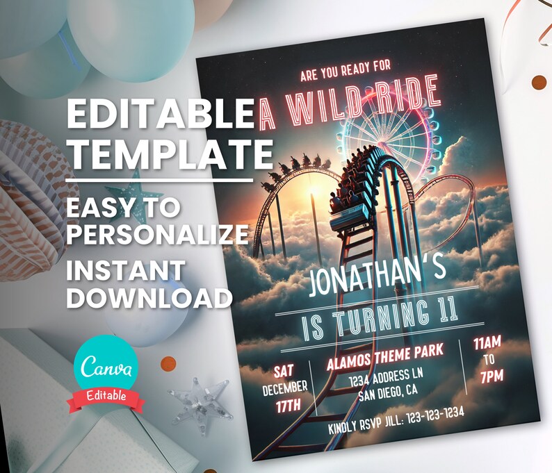 Roller Coaster Invite for Amusement Park Birthday Party Invitation ...
