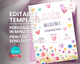 Heart Theme Birthday Invite, Wildflower Party Invitation, Editable Digital Template, Printable Card, Instant Download