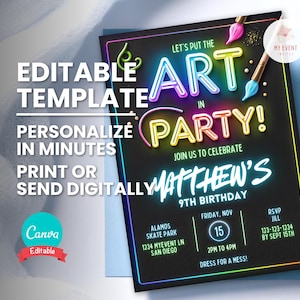 Invito di compleanno artistico, invito per feste di pittura per qualsiasi età, neon luminoso, modello modificabile, invito digitale, biglietto di compleanno stampabile, download immediato