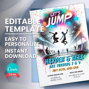 Faire-part de fête sur le trampoline, anniversaire commun au parc de trampoline, fête double saut pour adolescents, anniversaire, modèle numérique modifiable, téléchargement immédiat