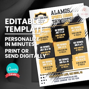 Tryout Schedule Invitation, Any Sport Team League or Association Invite, Editable Template, Printable Flyer, Digital Evite, Instant Download