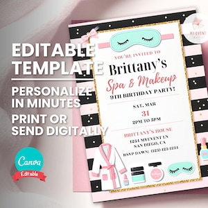 Faire-part d'anniversaire spa, invitation spa et maquillage, thème de fête, modèle modifiable, invitation numérique, carte d'anniversaire imprimable, téléchargement immédiat