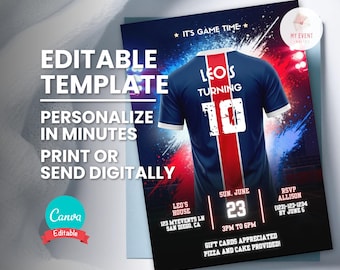 Soccer Party Invitation, Editable Navy Jersey Birthday Invite for Boys, Printable Canva Template, Personalize Name Age, Instant Download