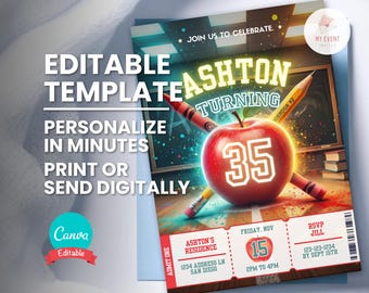 Teacher Birthday Invite, Any Age Education Theme Party Invitation, Editable Template, Instant Download