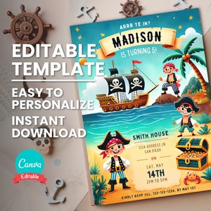 Invitación a fiesta de cumpleaños pirata, invitación editable para fiesta de barco pirata, fiesta pirata para niño, plantilla de cumpleaños con temática pirata, descarga instantánea
