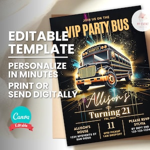 Invitación VIP para autobús de fiesta, cualquier temática, invitación de cumpleaños, salida de chicas, plantilla editable, Evite digital, tarjeta imprimible, descarga instantánea