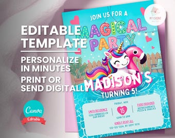Unicorn Flamingo Backyard Party Invite, Splish Splash Birthday Bash, Editable Digital Template, Printable Card, Instant Download