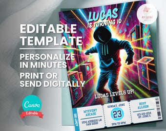 Arcade Birthday Invitation, Editable Gaming Ticket Template, Neon Party Video Game Invite, Personalize Name Age, Instant Download Canva