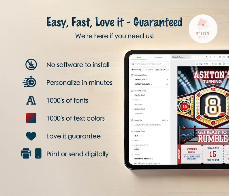 K&ouml;nnte beinhalten: Eine digitale Designvorlage f&uuml;r eine Wrestling-Geburtstagseinladung. Die Vorlage zeigt einen Wrestling-Championschaftsg&uuml;rtel mit der Nummer 8 darauf, einen Wrestling-Ring und den Text "Ashton's Turning 8, Get Ready to Rumble".
