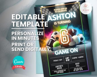 Sports Invitation, Editable Birthday Party Invite, Any Age, Digital Template, Instant Download, Printable