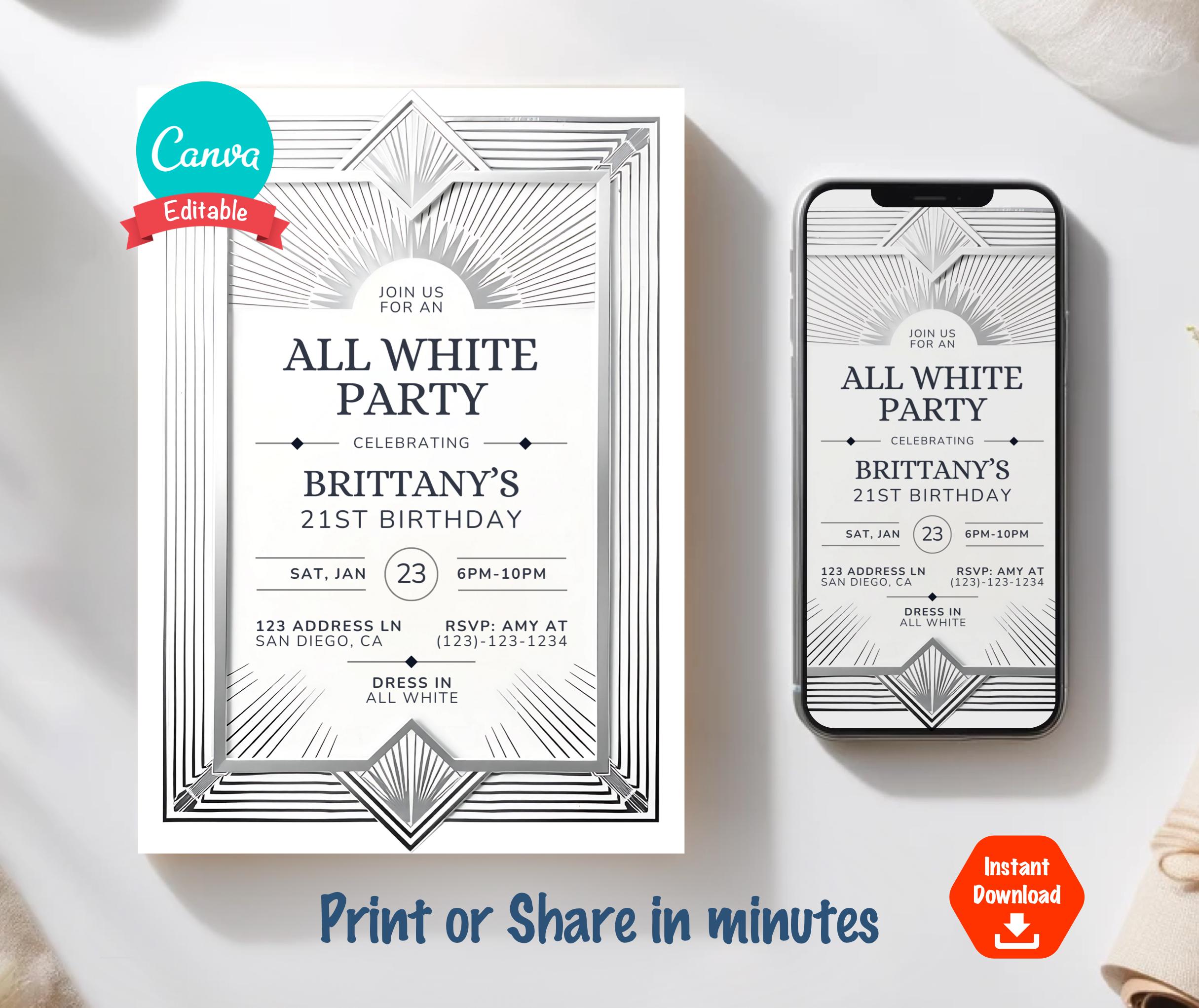 All White Theme Invitation, All White Party Invite, Editable Template ...