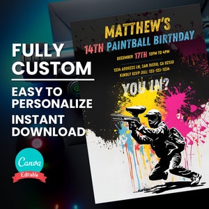 Paintball-Geburtstagseinladung, Teen Paintball-Geburtstagsfeier einladen, Boy Gel Blast Bday-Thema, bearbeitbare digitale Vorlage, Sofort-Download
