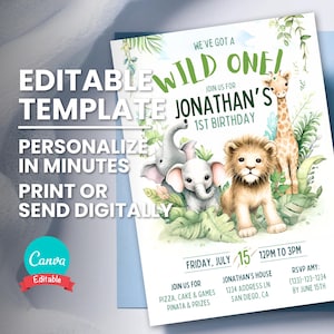 Convite de aniversário Wild One, convite editável para festa de aniversário de qualquer idade, animal do zoológico Safari, modelo digital, cartão para impressão, download instantâneo