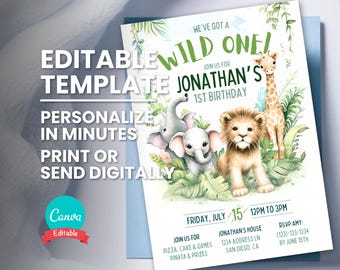 Wild One Birthday Invitation, Editable Any Age Bday Party Invite, Safari Zoo Animal, Digital Template, Printable Card, Instant Download