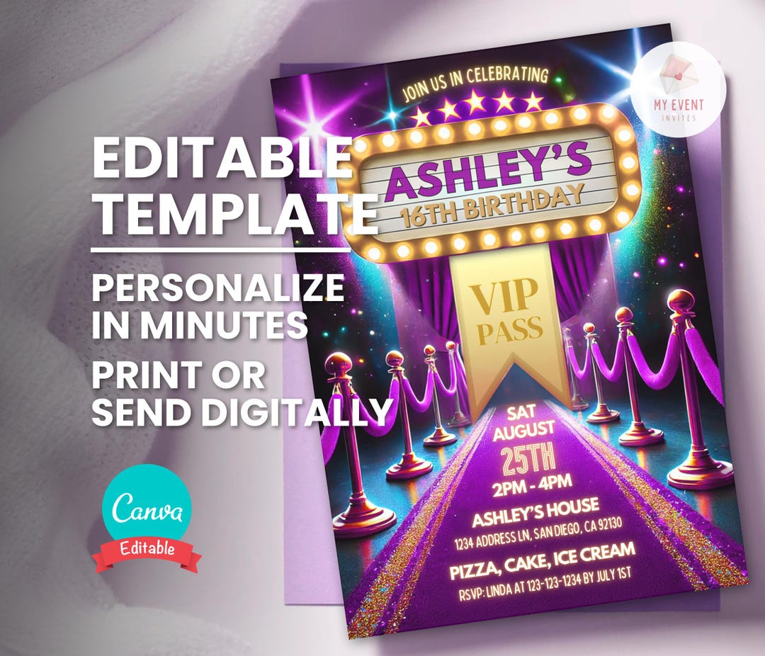 Purple Birthday Invitation, Star VIP Pass Party, Glamorous Hollywood ...