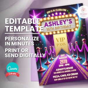 Invito di compleanno viola, festa con pass VIP Star, tappeto rosso glamour di Hollywood, modello modificabile per qualsiasi età, invito stampabile, invito digitale
