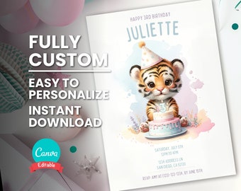 Bearbeitbare Baby-Tiger-Geburtstagsfeier-Einladung für Kinder-Geburtstagseinladung für Kinder Entzückende Tiger-Geburtstags-Einladungsvorlage