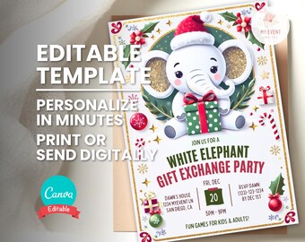 Puede incluir: Un elefante blanco con un gorro de Papá Noel sostiene una caja de regalo envuelta. La invitación dice "Join us for a White Elephant Gift Exchange Party" con la fecha, la hora y la ubicación. El fondo está decorado con adornos navideños, acebo y copos de nieve.