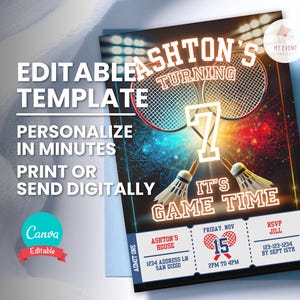 Badminton-Geburtstagseinladung, Jedes Alter Ticket Bday Party, bearbeitbare Vorlage, Digital Mobile einladen, druckbare Bday Karte, Sofort Download