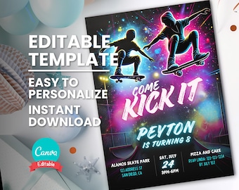 Könnte beinhalten: Editierbare Geburtstagseinladungsvorlage mit Neon-Glanzeffekt. Die Einladung zeigt zwei Skateboarder in Silhouette mit dem Text "Come Kick It" und "Peyton wird 8 Jahre alt". Die Einladung enthält auch Details zur Party, wie Datum, Uhrzeit, Ort und RSVP-Informationen.