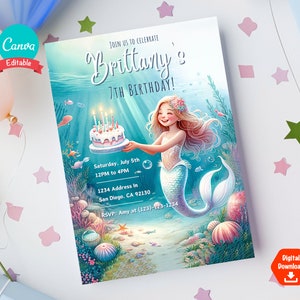 Faire-part d'anniversaire de sirène, invitation de fête princesse sirène sous-marine, modèle modifiable, carte imprimable, Evite numérique, téléchargement immédiat