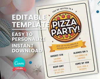 Peut inclure: Modèle d'invitation de fête de pizza modifiable. L'invitation présente une pizza de dessin animé avec le texte "Vous êtes invité à une fête de pizza !" et des détails sur l'événement, y compris la date, l'heure, le lieu, les informations de RSVP et une note pour venir pour la pizza, le soda et les desserts.