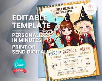 Triple Wizard Birthday Party Invitation: Joint Boy Girl Girl, Editable Template (Instant Download)