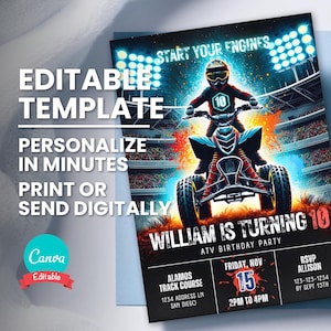 Faire-part d'anniversaire VTT, âge modifiable, invitation à une fête de quad, modèle modifiable, carte d'anniversaire imprimable, texte numérique Evite, téléchargement immédiat