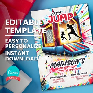 Let's Jump Party Invite for Bounce House Birthday, Boy or Girl Bounce Castle Birthday Invitation, Backyard Air Jump House, Editable Template