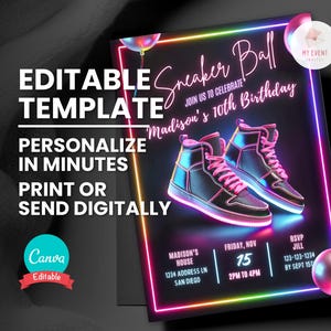 Sneaker Ball Geburtstagseinladung, Neon Glow in the Dark Party, bearbeitbare Vorlage, druckbare Geburtstagskarte, digitale Evite Sofort-Download