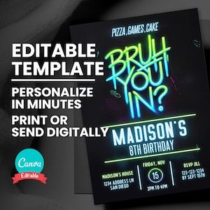 Convite de aniversário do irmão, convite para festa de grafite neon, modelo editável de qualquer tema, convite digital, cartão de aniversário para impressão, download instantâneo