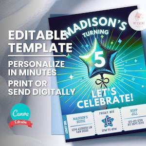 Convite de aniversário de menino, qualquer idade, qualquer tema, modelo digital, convite de festa editável, download instantâneo, cartão de aniversário para impressão, balão de neon