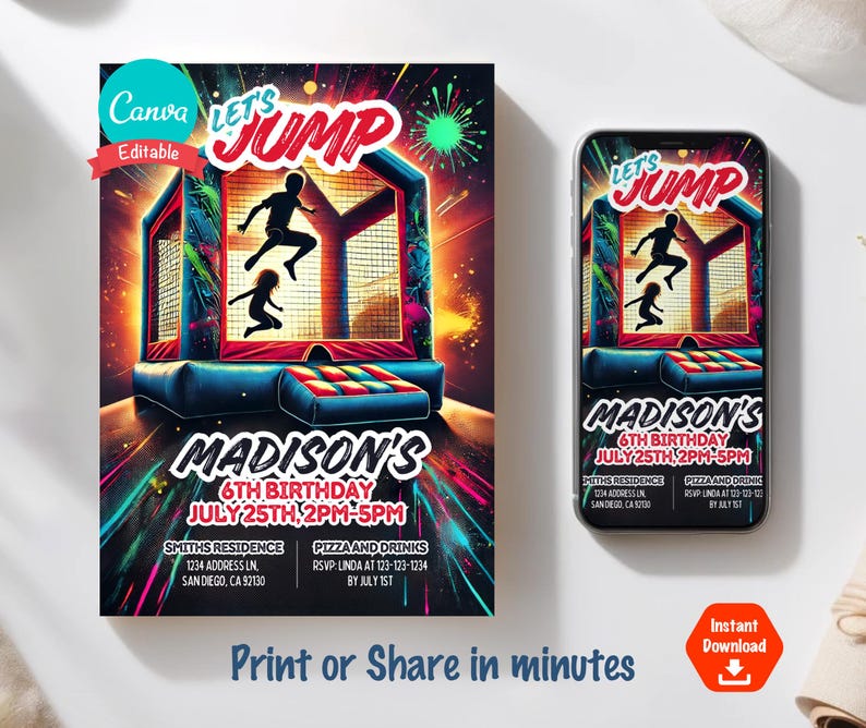 May include: A colorful invitation for a 6th birthday party with a neon-colored bouncy house and the text "Let's Jump!" and "Madison's 6th Birthday July 25th, 2PM-5PM".