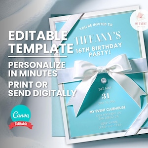 Convite de aniversário Tiffany, convite de festa de luxo, modelo editável para qualquer idade, cartão de aniversário para impressão, convite eletrônico digital, download instantâneo