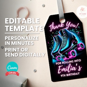 Etiqueta de agradecimento para festa de patins, modelo de etiqueta de presente editável, acessório para download instantâneo para lembrancinhas de festa de patins, designs para impressão