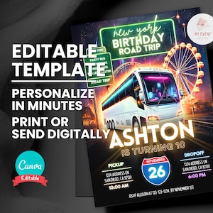 Road Trip Einladung, jede Themenparty Bus Geburtstag einladen, Vergnügungspark bearbeitbare Vorlage, digitales Evite, druckbare Karte, sofortiger Download