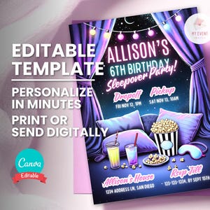 Invitación de cumpleaños para pijamada, fiesta de pijamas de chicas, plantilla digital, invitación editable, descarga instantánea, tarjeta imprimible